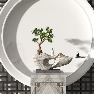 新中式禅意玄关摆台石头植物摆件