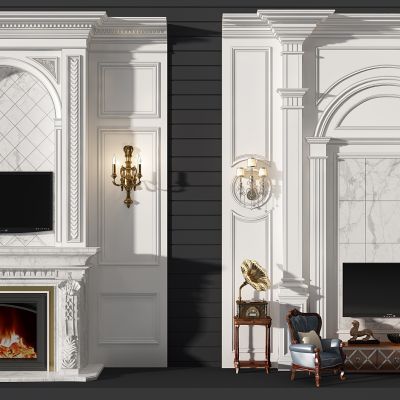 欧式法式雕花护墙板罗马柱壁炉画框镜框摆钟电视背景壁炉留声机电视柜