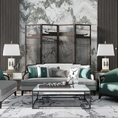 新中式沙发茶几单人沙发边几花瓶屏风隔断靠包抱枕