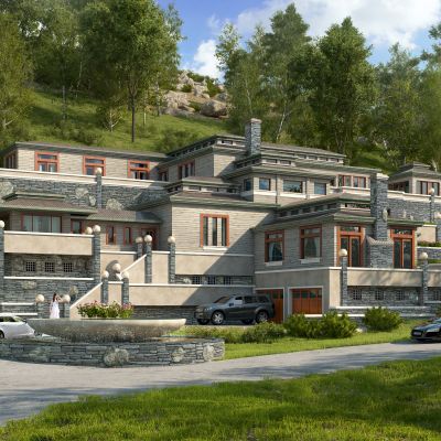 现代山区度假酒店水景石头山坡树景观植物