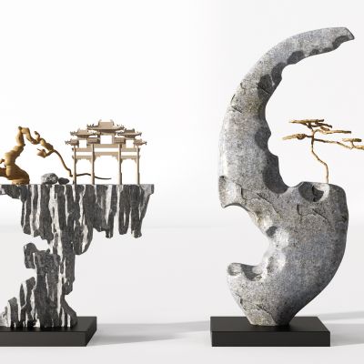 新中式禅意抽象石头松树古建筑木雕根雕雕塑摆件