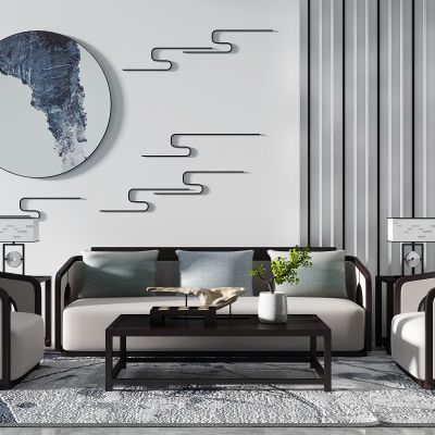 新中式沙发茶几单人沙发云纹3D模型