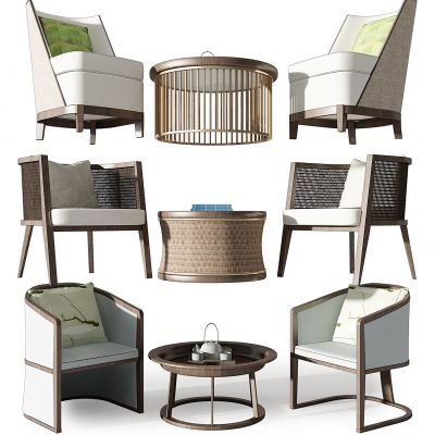 新中式藤编休闲单椅子沙发茶几边几圆几