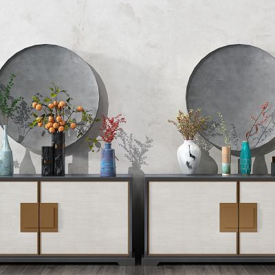 新中式餐边柜玄关柜摆台青花瓷瓶插花花艺