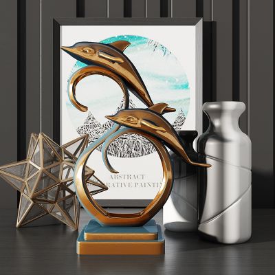 现代海豚金属工艺灯挂画雕塑摆件