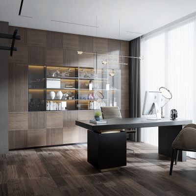 现代办公室办公桌 椅子 书柜 装饰品 吊灯