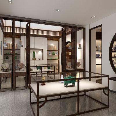 中式古董古玩专卖店展柜货架青花瓷器青铜鼎玉佩