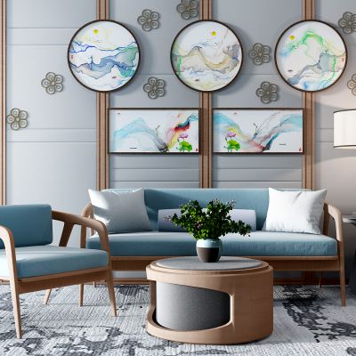 新中式沙发茶几椅子圆形挂画装饰画台灯