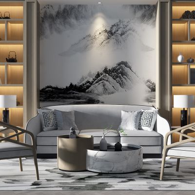 新中式沙发圆形茶几椅子书柜