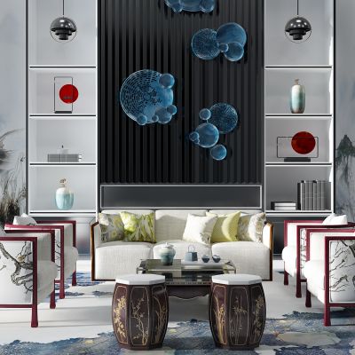 新中式沙发单人沙发茶几鼓凳书柜挂饰挂件