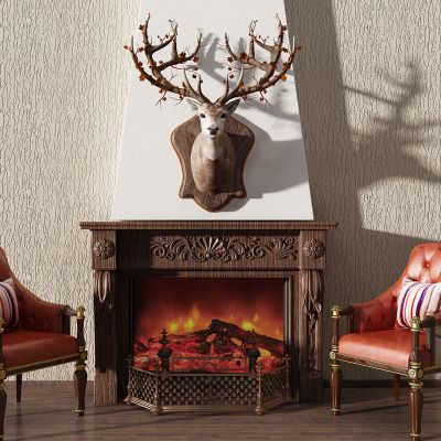 美式壁炉鹿头墙饰皮质软包椅子