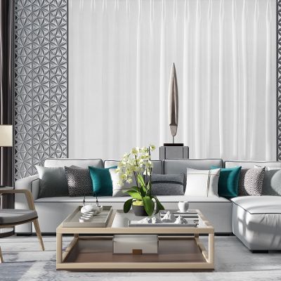 现代转角布艺沙发茶几休闲椅子花格隔断靠包抱枕