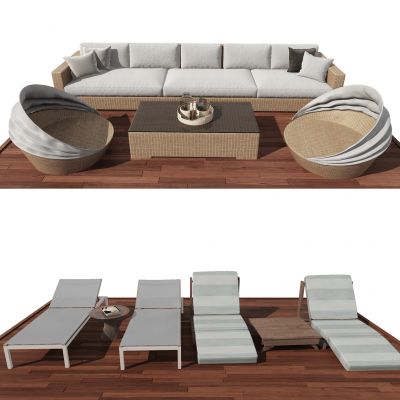 现代户外藤编沙发.躺椅组合