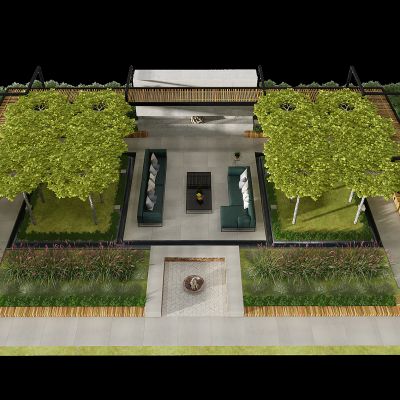 现代景观庭院花丛草丛树植物墙