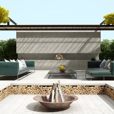 现代园林景观庭院花园火盆植物墙树