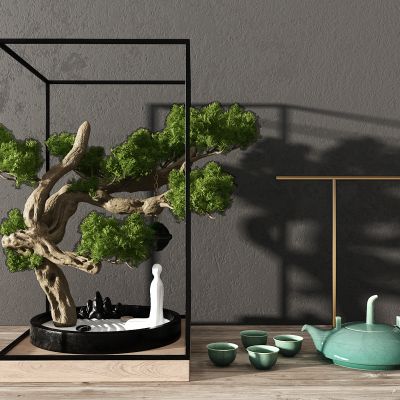 新中式禅意枯山水佛像松树茶壶茶具摆件