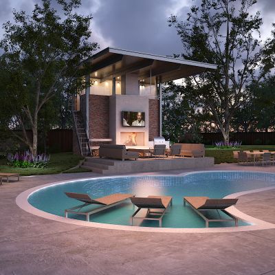 现代别墅户外泳池休息区藤编沙发茶几躺椅