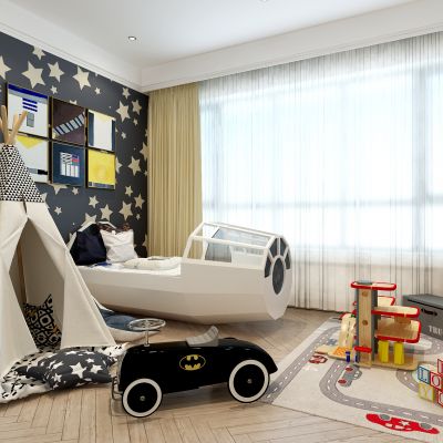 现代儿童房床帐篷太空船床玩具车3D模型