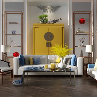 新中式沙发茶几单人沙发书架装饰柜摆件干枝椅子