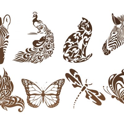 现代蝴蝶猫孔雀斑马头蜻蜓剪影图案墙饰