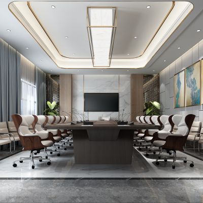 现代会议室桌椅 背景墙