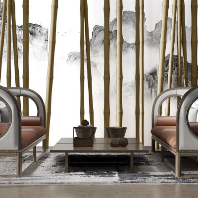 新中式沙发竹竿茶几地毯卡座