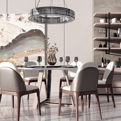 现代圆形餐桌椅装饰柜组合