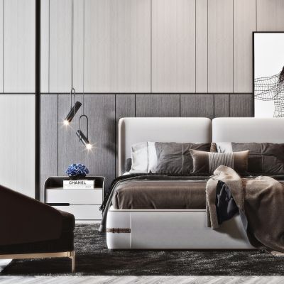 现代双人床 单椅 沙发椅 挂画