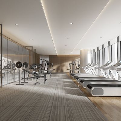 现代健身房会所跑步机器械玻璃门