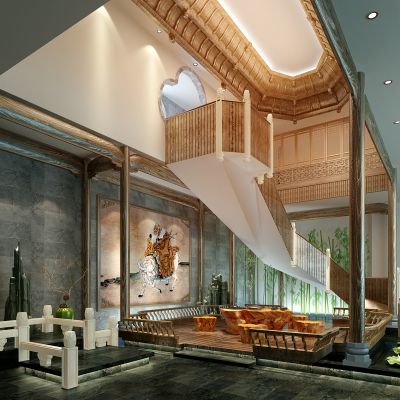 新中式茶室茶楼会所酒店楼梯间玉石栏杆