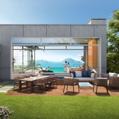 现代别墅景观配景树户外藤编编制沙发椅子餐桌椅树