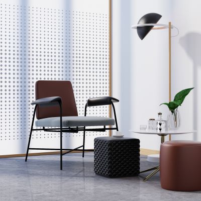 现代休闲椅茶几皮墩边几酒瓶酒杯摆件组合