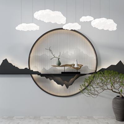 新中式石陶罐摆件背景墙