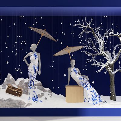 中式旗袍服装模特雪景树干枝枯树