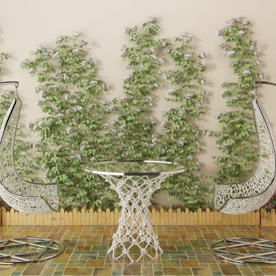 现代户外阳台藤蔓植物墙绿植墙爬山虎藤编吊椅圆桌