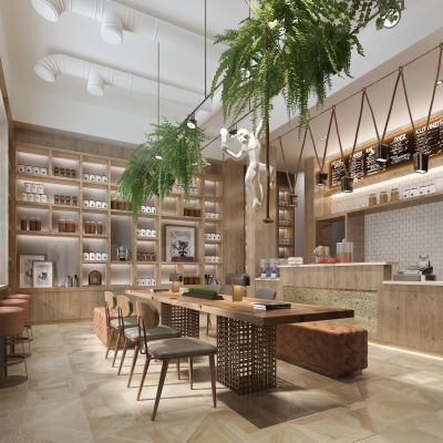 工业风咖啡厅水吧台调料罐木桌子皮革凳子吊装植物
