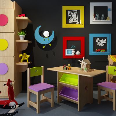 现代儿童房边柜挂画玩具摇椅风车房