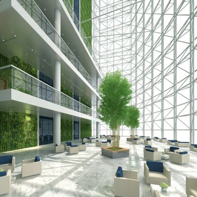 现代办公大堂等候区树池植物竹子