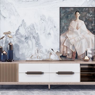 新中式电视柜山形山脉铁艺摆件花瓶3D模型