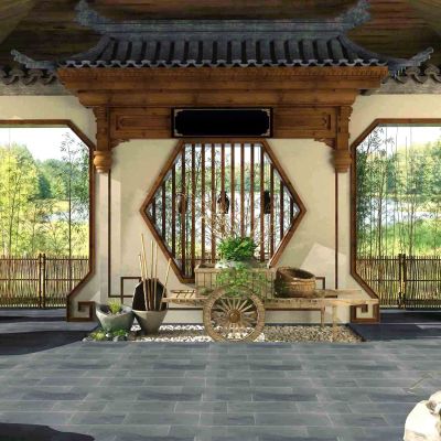 新中式古建筑屋檐木栅栏