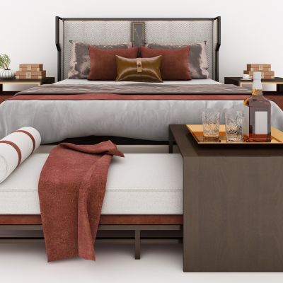 新中式双人床 床头柜 床尾凳