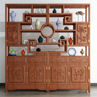 现代古典实木雕花博古架多宝阁格
