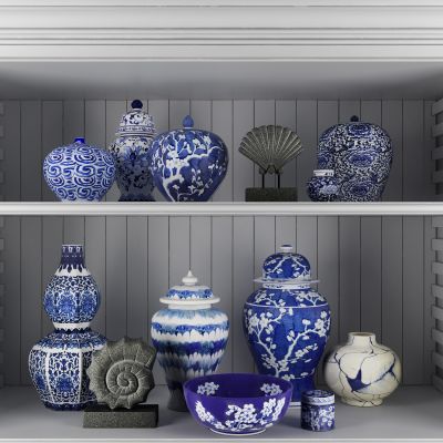 中式青花瓷器皿将军罐陶罐摆件组合