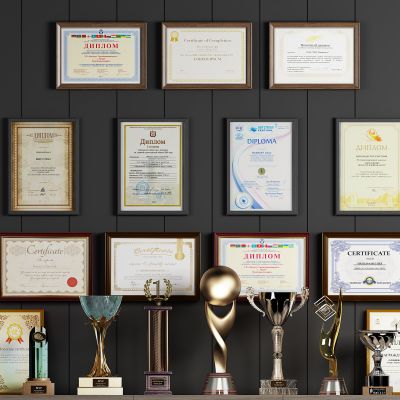 现代荣誉证书奖杯奖牌奖状荣誉墙
