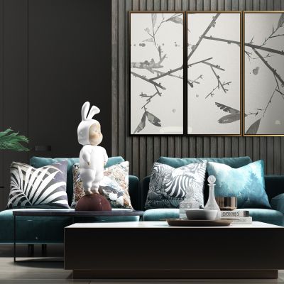 现代轻奢休闲绒布多人沙发 茶几 饰品组合