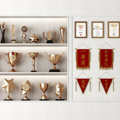现代荣誉证书奖杯奖牌奖状荣誉墙锦旗