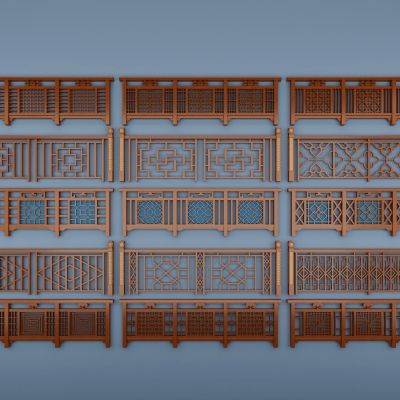 中式实木雕花栏杆3D模型