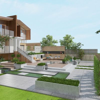 现代别墅庭院景观，绿植，植物堆，植物墙，花草树木，休闲平台，景观池，花箱