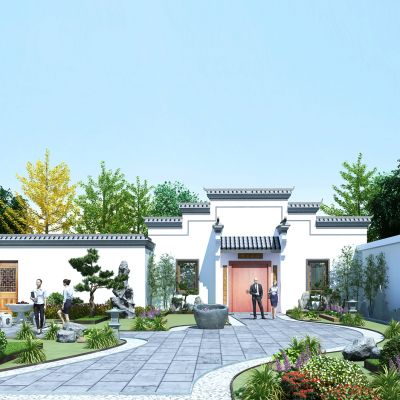 现代古建徽派建筑园林景观庭院花草树木