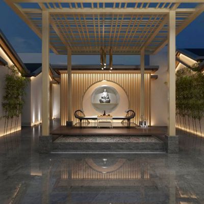 新中式凉亭。木廊架